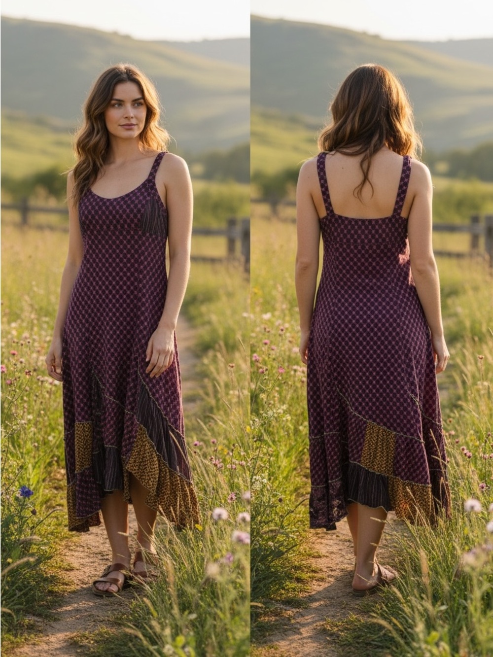 Johnny Was Bohemian Geometric Patchwork Midi Dress Magenta Purple Size Small